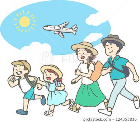夏天的天空、一架飛機和一個家庭的插圖 夏天的天空、一架飛機和一個家庭的插圖 124353836
