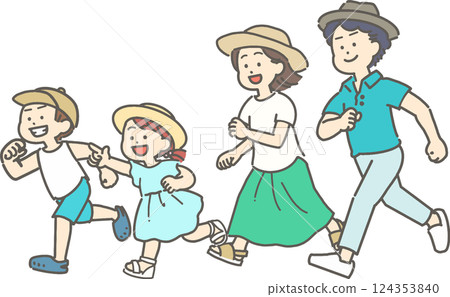 穿著夏裝跑步的家庭插畫 124353840