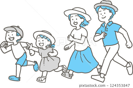 穿著夏裝跑步的家庭插畫 穿著夏裝跑步的家庭插畫 124353847