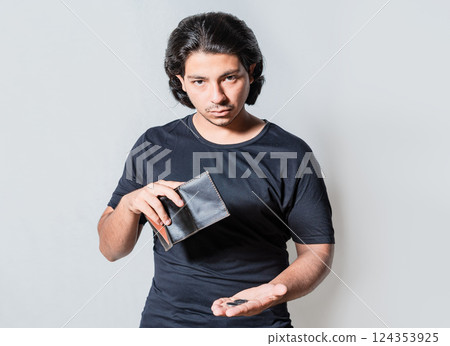 Person with financial crisis holding wallet isolated. Sad man holding empty wallet. Unhappy man with financial crisis isolated 124353925
