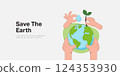 Human hands holding Earth globe, Plant and water drop. Earth Day, World Environment and Save the Earth concept. Sustainable ecology and environment conservation concept design. Vector illustration. 124353930