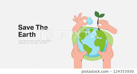Human hands holding Earth globe, Plant and water drop. Earth Day, World Environment and Save the Earth concept. Sustainable ecology and environment conservation concept design. Vector illustration. Human hands holding Earth globe, Plant and water drop. Earth Day, World Environment and Save the Earth concept. Sustainable ecology and environment conservation concept design. Vector illustration. 124353930
