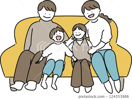 Family of four sitting on sofa 124353986