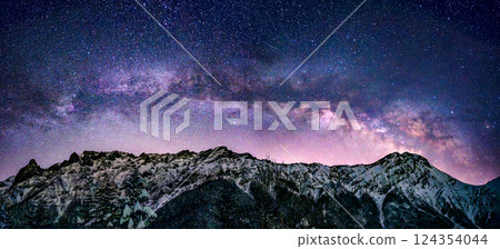 Snowy mountains and the Milky Way Arch in Nagano Prefecture Snowy mountains and the Milky Way Arch in Nagano Prefecture 124354044