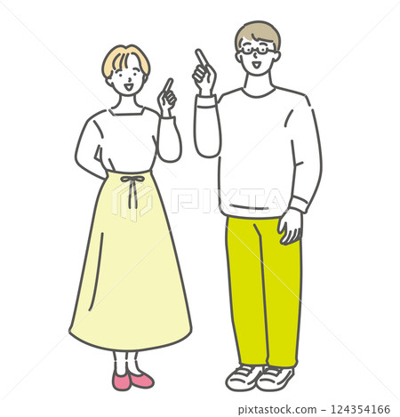 一對年輕夫婦並排指著的插畫素材 124354166