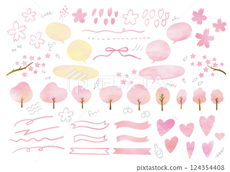 Spring set of watercolor cherry blossom trees and petals 124354408