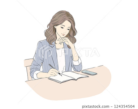 女商人在筆記本上做筆記的插圖(自然氛圍) 女商人在筆記本上做筆記的插圖(自然氛圍) 124354504