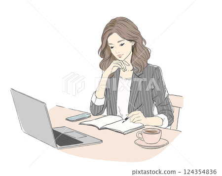 Woman concentrating on work in cafe | Desk work | Using laptop and PC 124354836