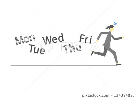 一位女商人在工作日忙碌地跑來跑去的插圖 一位女商人在工作日忙碌地跑來跑去的插圖 124354853