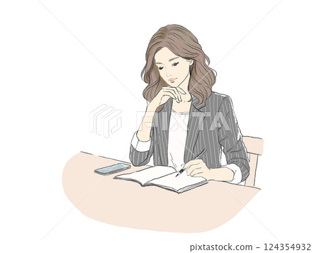 一位女性在商務環境(休閒辦公室)中思考的插圖 一位女性在商務環境(休閒辦公室)中思考的插圖 124354932