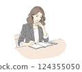 Illustration of a woman writing in a notebook while thinking (simple and stylish) 124355050