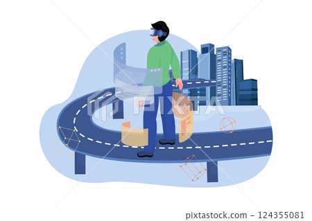 High angle view of a man walking on the digital bridge to a futuristic metaverse smart city High angle view of a man walking on the digital bridge to a futuristic metaverse smart city 124355081