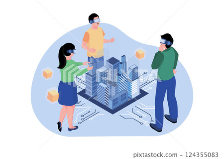 Group people touching city 3D in a virtual world. Experience metaverse concept 124355083