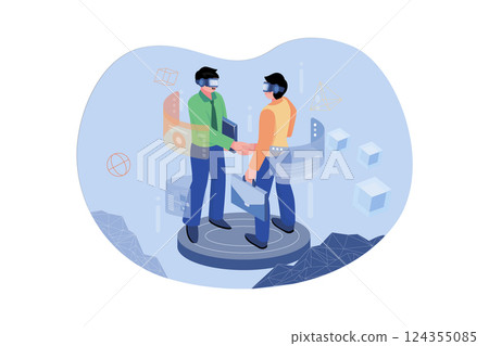 Man wearing virtual glasses is shaking a hand with a hologram graphic in a cyberspace area Man wearing virtual glasses is shaking a hand with a hologram graphic in a cyberspace area 124355085
