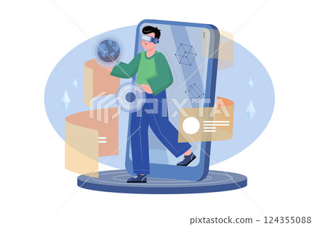 Metaverse and Blockchain Technology Concepts. A person with Experience in the Metaverse Virtual World via Smart Phone Metaverse and Blockchain Technology Concepts. A person with Experience in the Metaverse Virtual World via Smart Phone 124355088