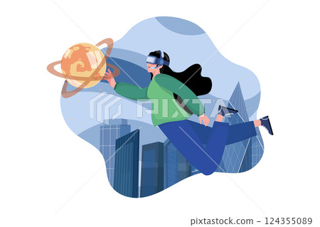 A woman with glasses and a headset VR connected to the virtual space A woman with glasses and a headset VR connected to the virtual space 124355089