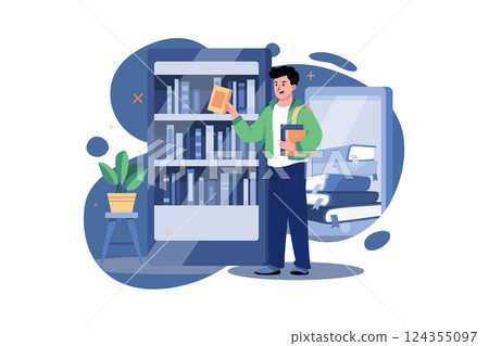 Student Using Digital Library Illustration concept. A flat illustration isolated on white background Student Using Digital Library Illustration concept. A flat illustration isolated on white background 124355097