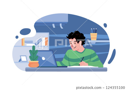 Boy Learning From Home Illustration concept. A flat illustration isolated on white background Boy Learning From Home Illustration concept. A flat illustration isolated on white background 124355100