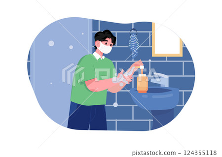 Boy Sanitizes His Hands Illustration concept. A flat illustration isolated on white background 124355118