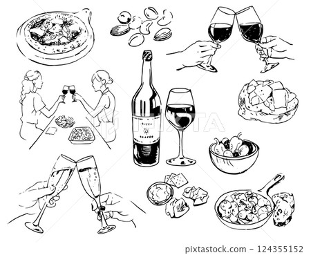Illustration set of wine, snacks, food, people toasting, party, girls' night out 124355152