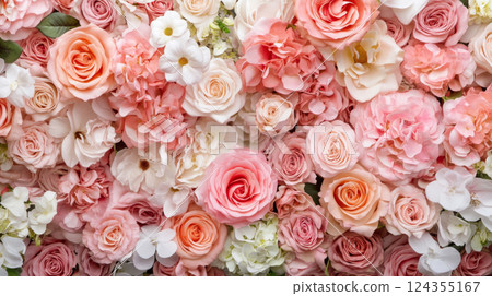beautiful floral arrangement with pastel roses and hydrangeas 124355167