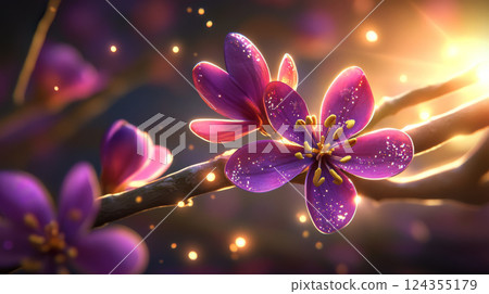 Vibrant purple flowers with glowing sunlight 124355179