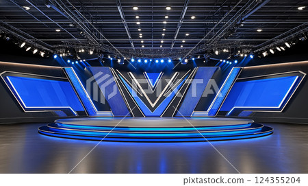 Futuristic stage with vibrant blue lighting design Futuristic stage with vibrant blue lighting design 124355204