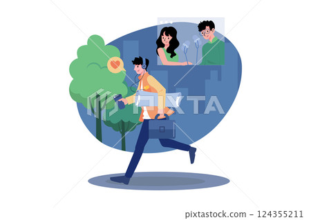 Man Listening To The Podcast While Walking To Work 124355211