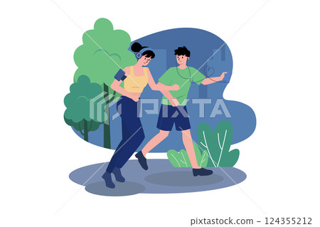 Couple Listening To The Podcast While Jogging In The Park Couple Listening To The Podcast While Jogging In The Park 124355212