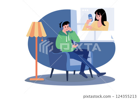 Man Sitting On The Sofa And Listening To The Podcast Man Sitting On The Sofa And Listening To The Podcast 124355213