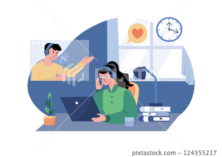 Woman Listening To The Podcast While Working Woman Listening To The Podcast While Working 124355217