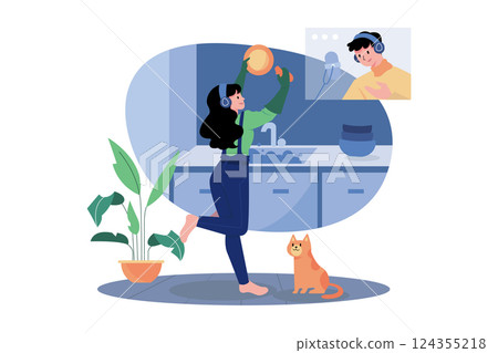 Woman Listening To The Podcast While Washing Dishes Woman Listening To The Podcast While Washing Dishes 124355218