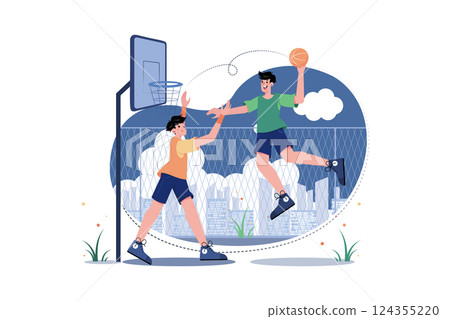 Students Playing Basketball On The Ground Students Playing Basketball On The Ground 124355220