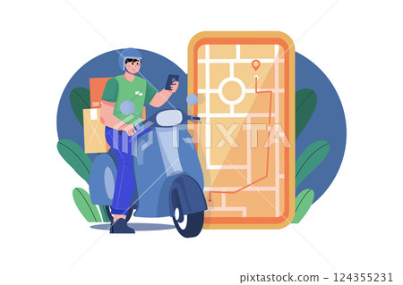 Customers ordering on the mobile application. The motorcyclist goes according to the GPS map 124355231
