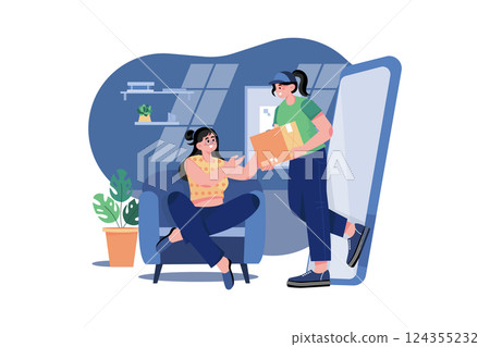 Women receive a package appears on-screen phone by courier at home Women receive a package appears on-screen phone by courier at home 124355232