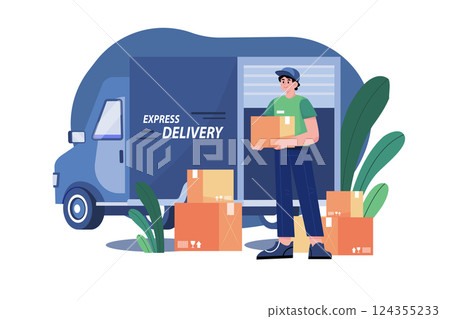 Delivery truck with man is carrying parcels on points 124355233