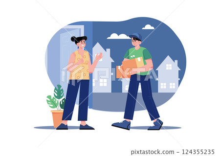 Delivery parcel to door. Courier presents box of recipient. Delivery parcel to door. Courier presents box of recipient. 124355235