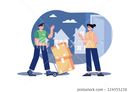 Delivery man pushes hand truck trolley full of cardboard boxes hands package to a customer. 124355238