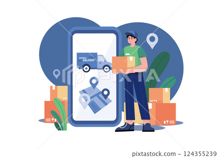 Smartphone with a delivery truck, express delivery courier holding a cardboard box. Smartphone with a delivery truck, express delivery courier holding a cardboard box. 124355239