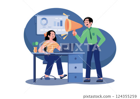 Publisher. Male business leader speaker talking at meeting with a megaphone. 124355259
