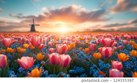 tulips illuminated by the setting sun 124355397