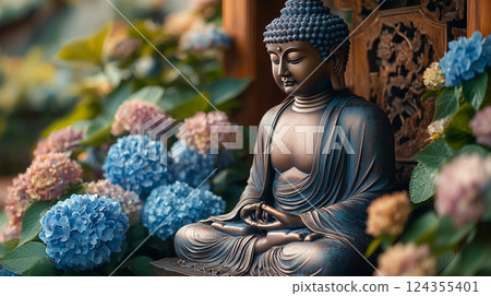 A tranquil scene of a Buddha statue surrounded by hydrangeas 124355401