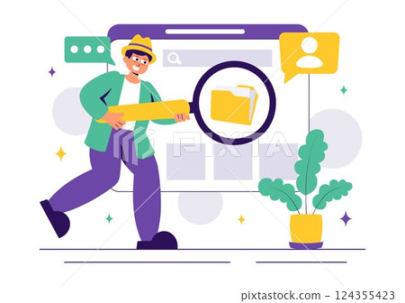 Corporate Investigation Vector Illustration Featuring Observation, Examination, Information Search, and Research for Future Analysis in a Background 124355423