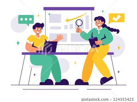 Corporate Investigation Vector Illustration Featuring Observation, Examination, Information Search, and Research for Future Analysis in a Background 124355425