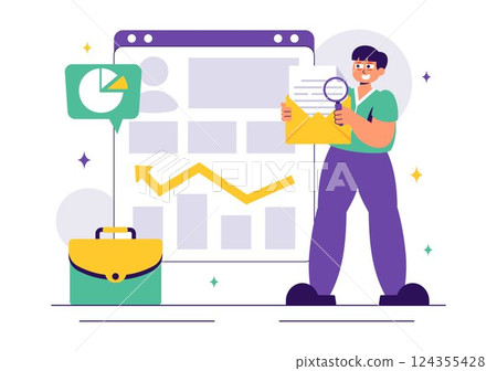 Corporate Investigation Vector Illustration Featuring Observation, Examination, Information Search, and Research for Future Analysis in a Background 124355428