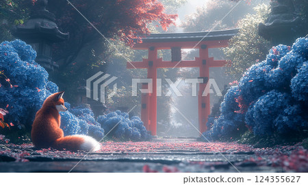 安靜的早晨，神社大門、狐狸和繡球花 124355627