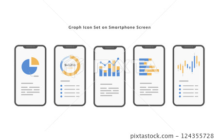 Vector icon set of graphs displayed on a smartphone (data analysis, finance) 124355728
