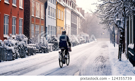 People bicycles, the ancient European city of Copenhagen, Denmark. Morning light and beautiful downtown snow on the floor in Winter Season 124355739