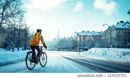People bicycles, the ancient European city of Helsinki, Finland. Morning light and beautiful downtown snow on the floor in Winter Season 124355741
