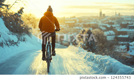 People bicycles, the ancient European city of Helsinki, Finland. Morning light and beautiful downtown snow on the floor in Winter Season People bicycles, the ancient European city of Helsinki, Finland. Morning light and beautiful downtown snow on the floor in Winter Season 124355743